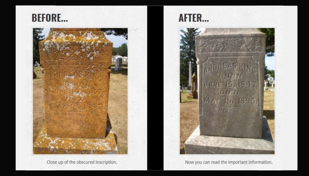 BillionGraves, headstone, gravestone, cemetery, genealogy, family history, BillionGraves, ancestors, before and after photo, gravestone cleaning kit