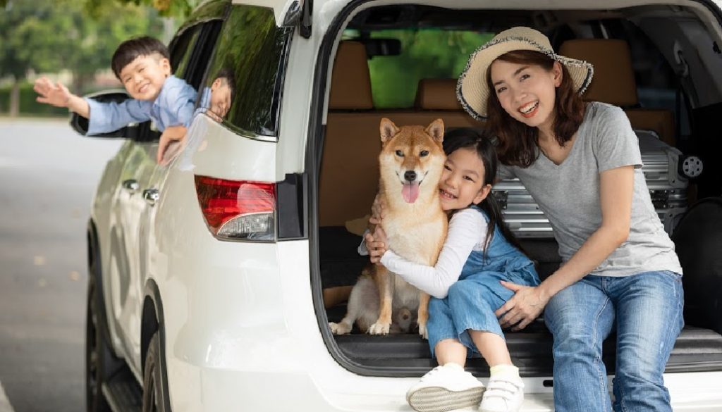 Asian family Mother boy and girl sitting in white car together with Shiba dog for sightseeing, BillionGraves