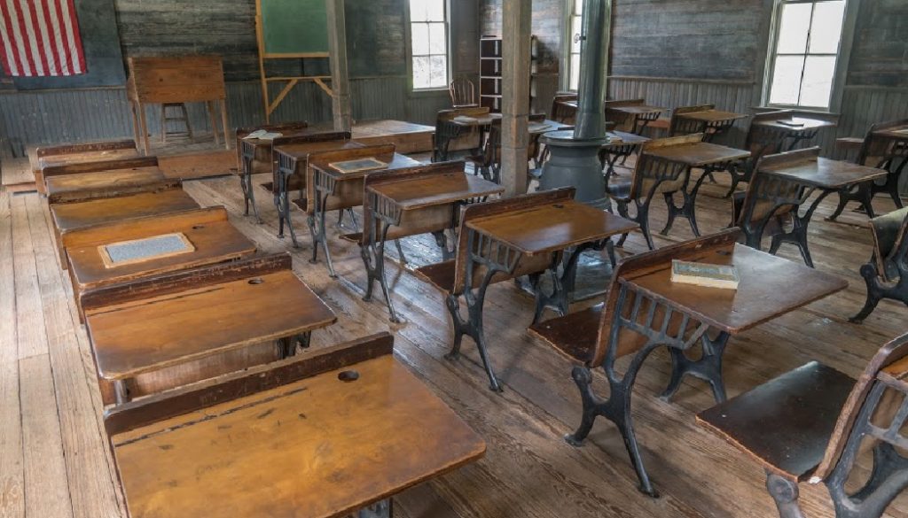 Interior classroom and desks of old one room schoolhouse