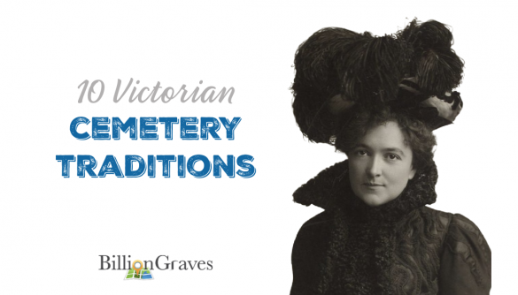 BillionGraves logo Victorian Cemetery traditions ostrich feather hat on woman in black mourning clothes