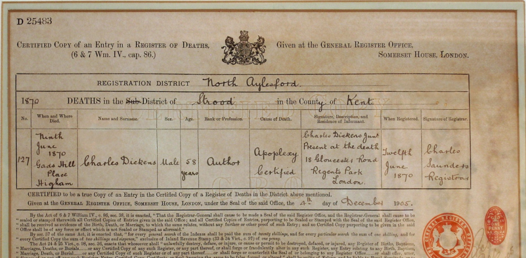 BillionGraves, cemetery, grave, family history, genealogy, ancestors, gravesite, app, GPS, GPS photos, Dickens, Charles Dickens, author, writer, Scrooge, death certificate
