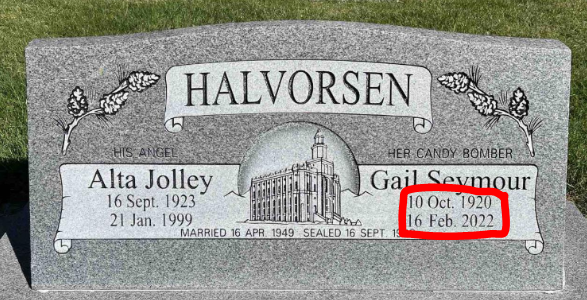Halvorsen, Candy Bomber, BillionGraves, cemetery, gravestone, pilot, airforce, US, GPS, ancestry, family history, ancestors, service, Berlin, Germany, WWII, Berlin airlift, BG, candy bombers, graves, temple, lds, provo, Utah, gail seymour