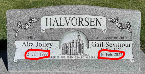 Halvorsen, Candy Bomber, BillionGraves, cemetery, gravestone, pilot, airforce, US, GPS, ancestry, family history, ancestors, service, Berlin, Germany, WWII, Berlin airlift, BG, candy bombers, graves, temple, lds, provo, Utah, gail seymour