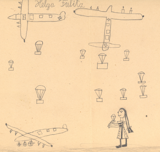 pencil drawing, WWII, candy bomber, chocolates, parachutes, children