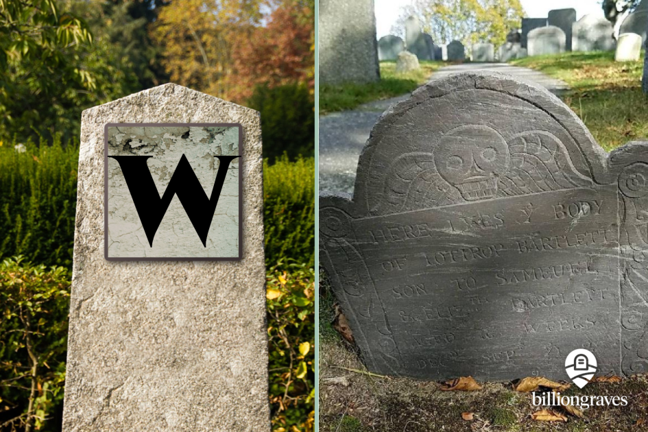 winged skull, skull, death, w, gravestone symbols from A - Z, billiongraves, BG, BG+, FamilySearch, family history, genealogy, graves, grave, cemetery, gravestone symbols, photos, gravestone photos, tombstone, headstone, GPS, ancestor, new england