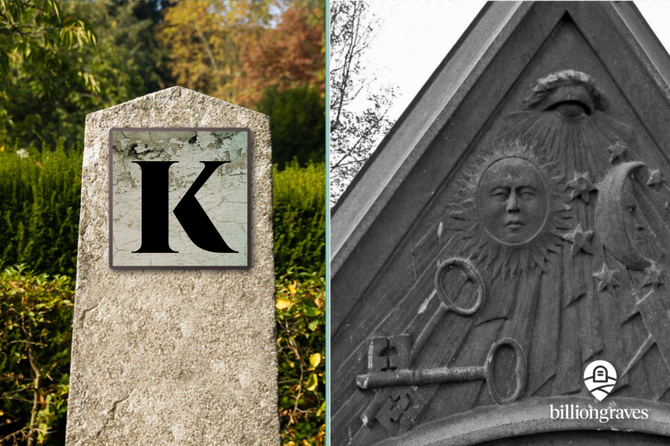k, key, gravestone symbols from A - Z, billiongraves, BG, BG+, FamilySearch, family history, genealogy, graves, grave, cemetery, gravestone symbols, photos, gravestone photos, tombstone, headstone, GPS, ancestor, celestial signs