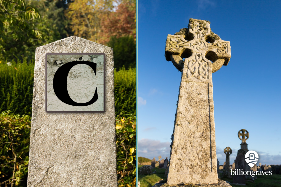gravestone symbols from A - Z, billiongraves, BG, BG+, FamilySearch, family history, genealogy, graves, grave, cemetery, gravestone symbols, photos, gravestone photos, tombstone, headstone, GPS, ancestor, C, celtic cross