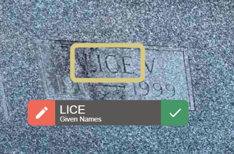 BillionGraves, AI, transcriptions, BG, GPS, photos, cemetery, genealogy, family history, artificial intelligence, machine learning, trancribe, ancestors, Alice, given name
